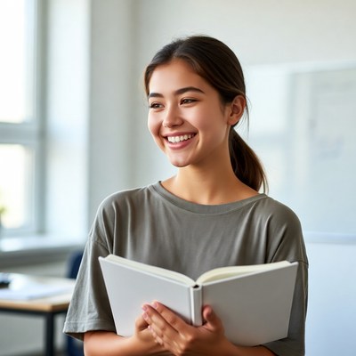 Young woman reading in classroom setting