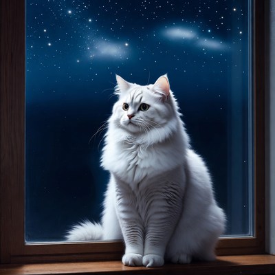 Cat looks out window at night sky