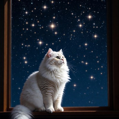 Cat looks out at starry night