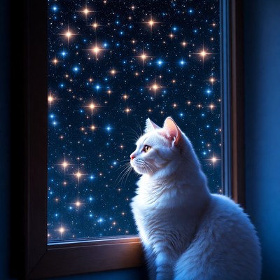 Cat looking at stars in window