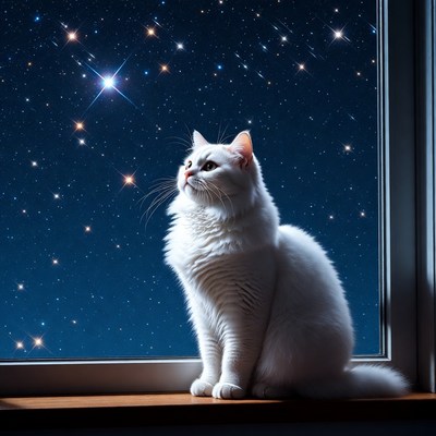 Cat gazes at night sky