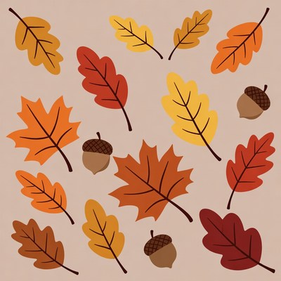 Leaves and acorns on background