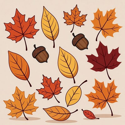 Colorful autumn leaves and acorns displayed