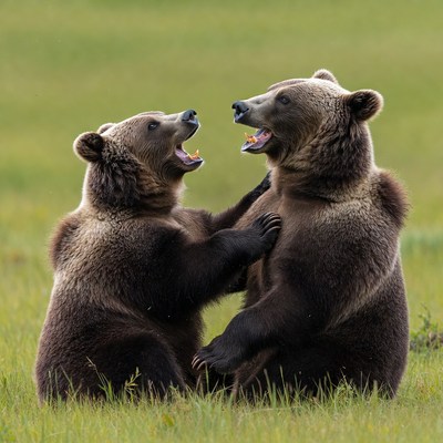 Bears playing in green field