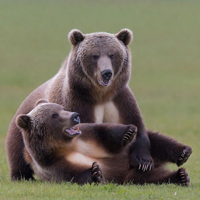 Bears resting in green field
