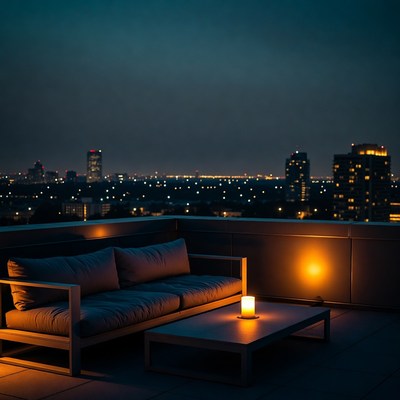 Cozy rooftop lounge at night