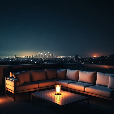 Nightview of city skyline with seating area