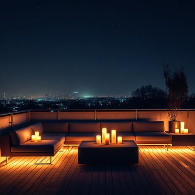 Rooftop seating with candles at night