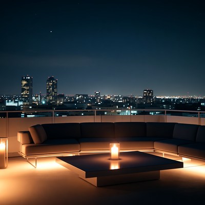 City skyline at night with candles