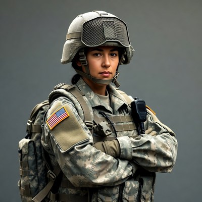 Soldier in uniform stands confidently