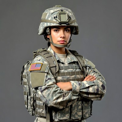 Military woman in uniform stands confidently