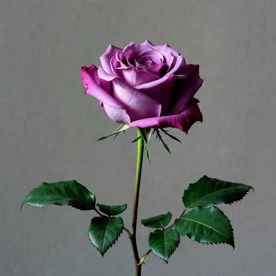 Purple rose with green leaves in vase