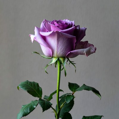 Purple rose with green leaves stands tall