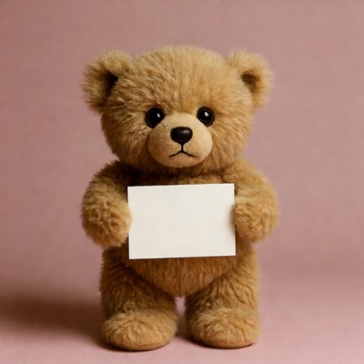 Brown teddy bear holding a blank card