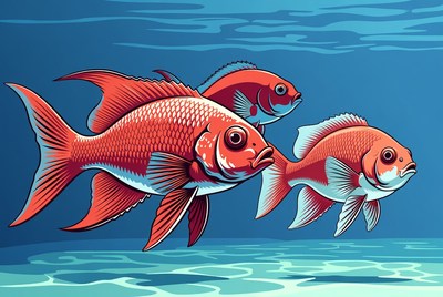 Bright fish swim in blue water