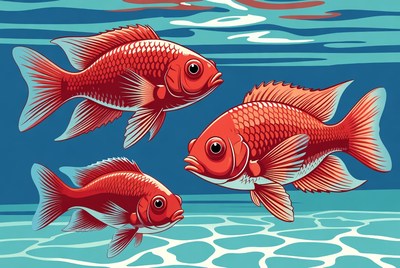 Three red fish swim together in water