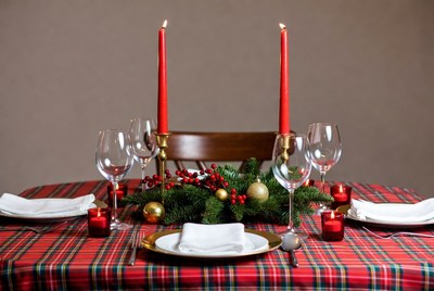 Holiday dinner table decoration setup