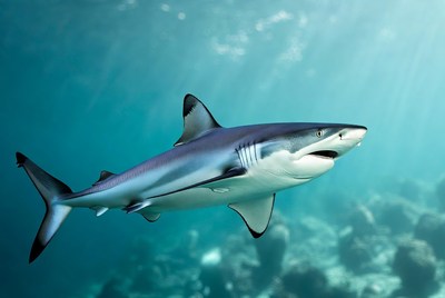 Shark swims in clear ocean waters