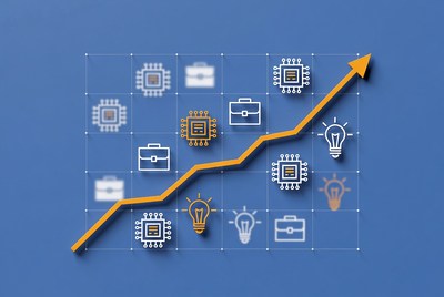 Growth chart with tech icons and light bulbs