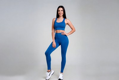 Woman in blue activewear poses confidently