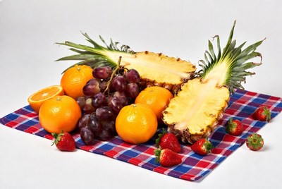 Fresh fruits on a checkered cloth display