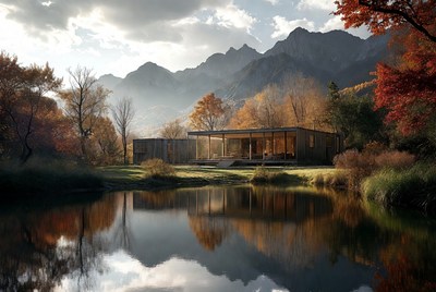 Modern house by the lake in autumn