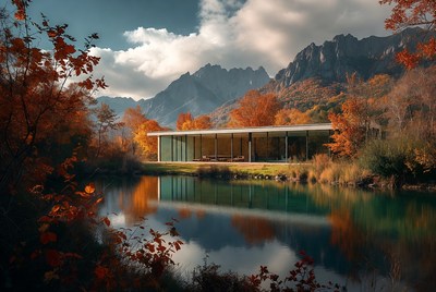 Scenic modern building by lake