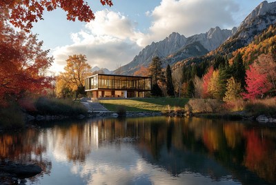 Modern house by mountain lake