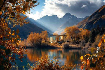 Autumn scene by the lake with mountains