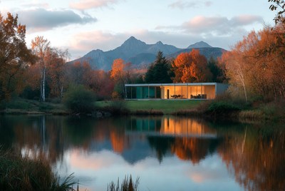 House by the lake at sunset