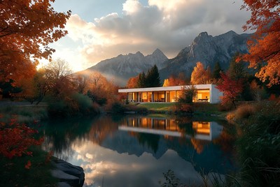 Modern house by the lake at sunset