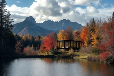 Mountains and autumn trees near a lake