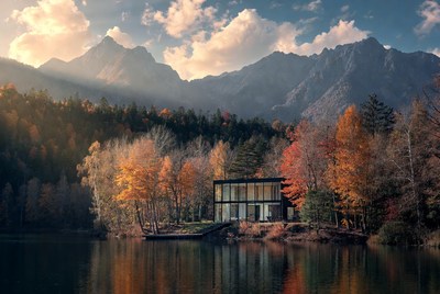 Modern house near autumn lake