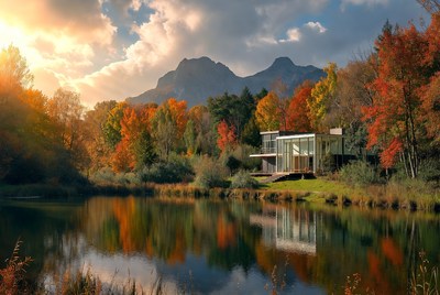 Autumn sunset reflected in water