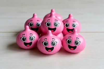 Pink onions with smiling faces