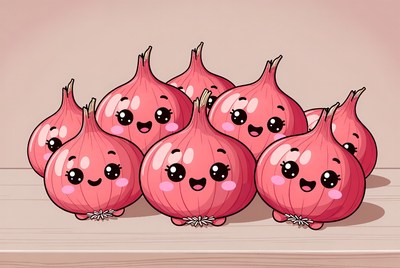 Cute pink onions gather together in a group