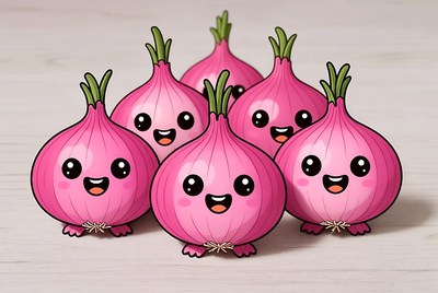 Happy cartoon onions gather together
