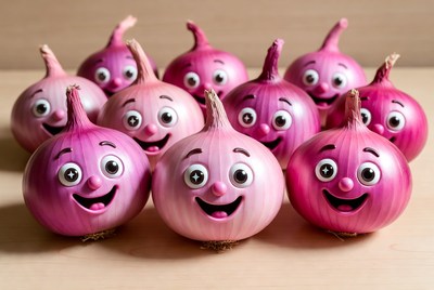 Smiling onions on a wooden surface