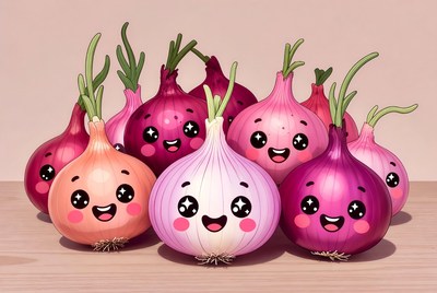 Happy onions smiling together in a group