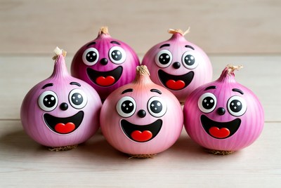 Happy onions with faces on display