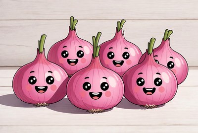 Happy onions with smiling faces in a group