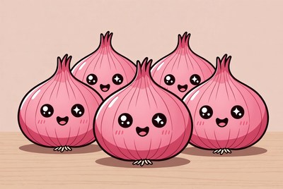 Cute pink onions with smiles in a group