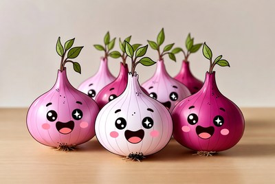 Cute cartoon onions with happy faces