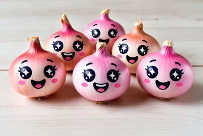 Happy onions with faces on display