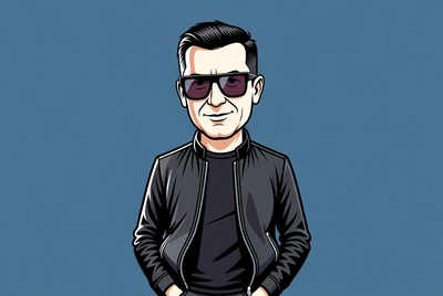 Man in sunglasses against blue background