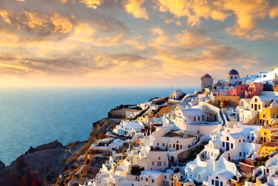 Sunset over santorini island houses