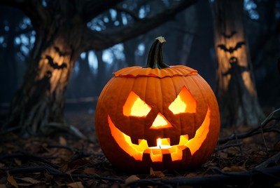 Jack-o'-lantern glows in woods