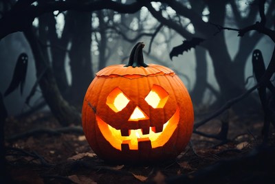 Pumpkin in dark forest at night