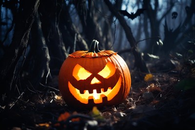 Carved pumpkin in dark woods