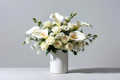 Fresh white flower arrangement with vase